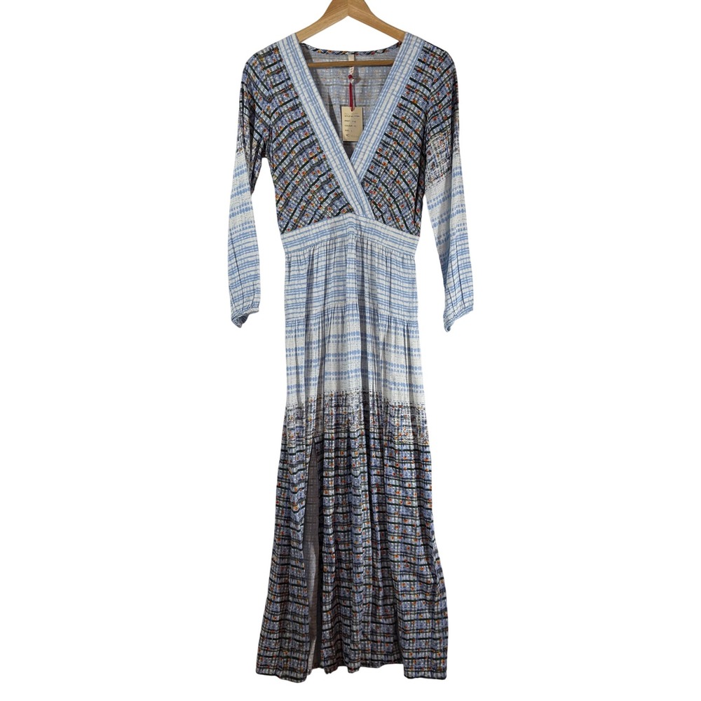 Raga | NWT Boho Maxi Geometric Print Blue White Long‎ Sleeve V Neck Women's S